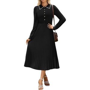 MIROL Black Pleated Collar Button Long Sleeve Midi Dress Women XL